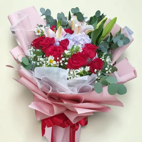 Spring Symphony hydrangea, lilies and rose hand bouquet for birthday or  anniversary with delivery in Kuala Lumpur and Selangor