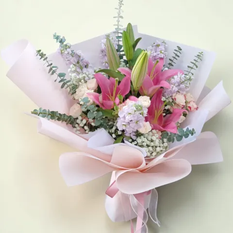 Cherished Moments lilies and matthiola hand bouquet for birthday or anniversary with delivery in Kuala Lumpur and Selangor