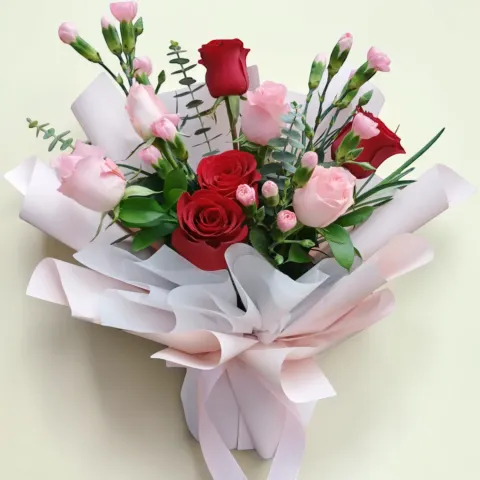 Radiant Heart rose and spray carnation hand bouquet for birthday or anniversary with delivery in Kuala Lumpur and Selangor