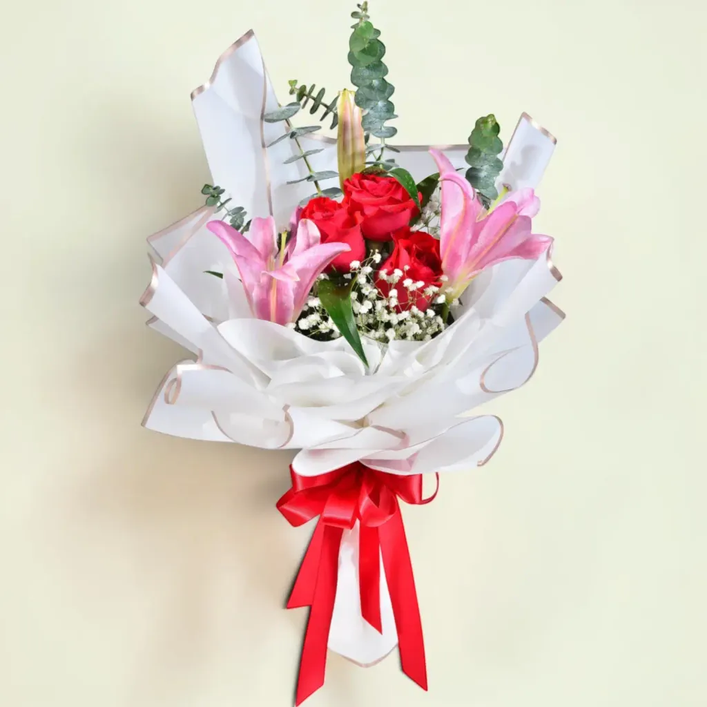 Sunset Kiss lily, rose and baby’s breath hand bouquet for birthday or anniversary with delivery in Kuala Lumpur and Selangor