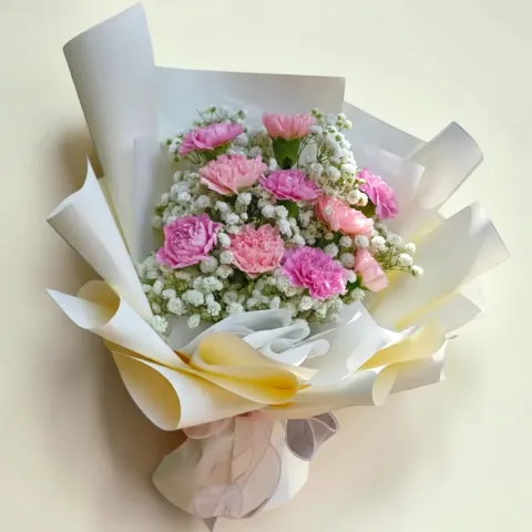 Whispering Petals carnation hand bouquet for birthday or anniversary with delivery in Kuala Lumpur and Selangor