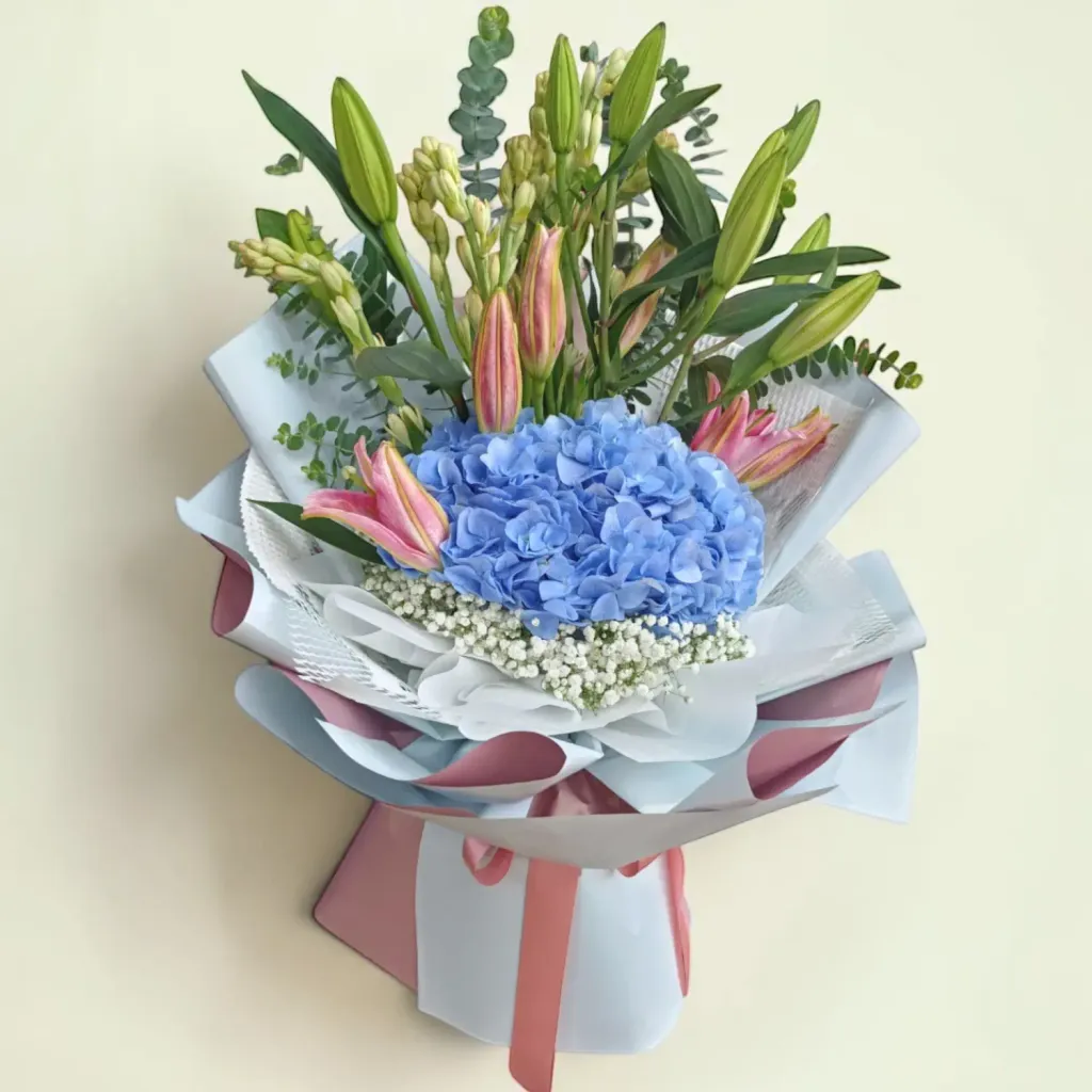 Sweet Celebration tuberose, lilies and hydrangea hand bouquet for birthday or anniversary with delivery in Kuala Lumpur and Selangor