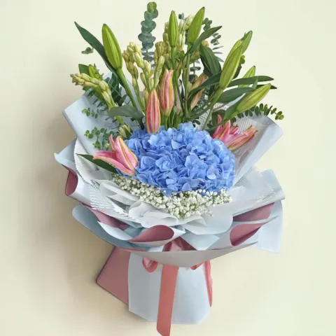 Sweet Celebration tuberose, lilies and hydrangea hand bouquet for birthday or anniversary with delivery in Kuala Lumpur and Selangor