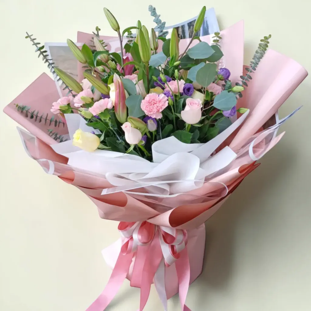 Sweet Devotion lilies, rose and eustoma hand bouquet for birthday or anniversary with delivery in Kuala Lumpur and Selangor