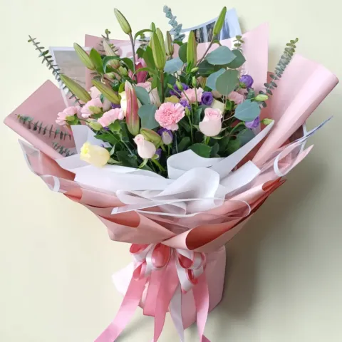 Sweet Devotion lilies, rose and eustoma hand bouquet for birthday or anniversary with delivery in Kuala Lumpur and Selangor