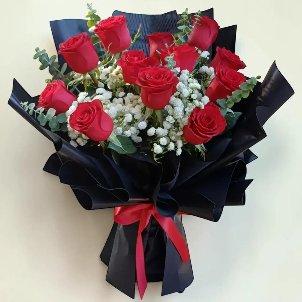 Eternal Devotion rose, baby’s breath and eucalyptus hand bouquet for birthday or anniversary with delivery In Kuala Lumpur and Selangor