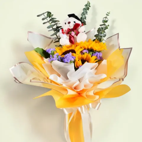 Next Chapter sunflower, gerberas and bear hand bouquet for university graduation with delivery in Kuala Lumpur and Selangor