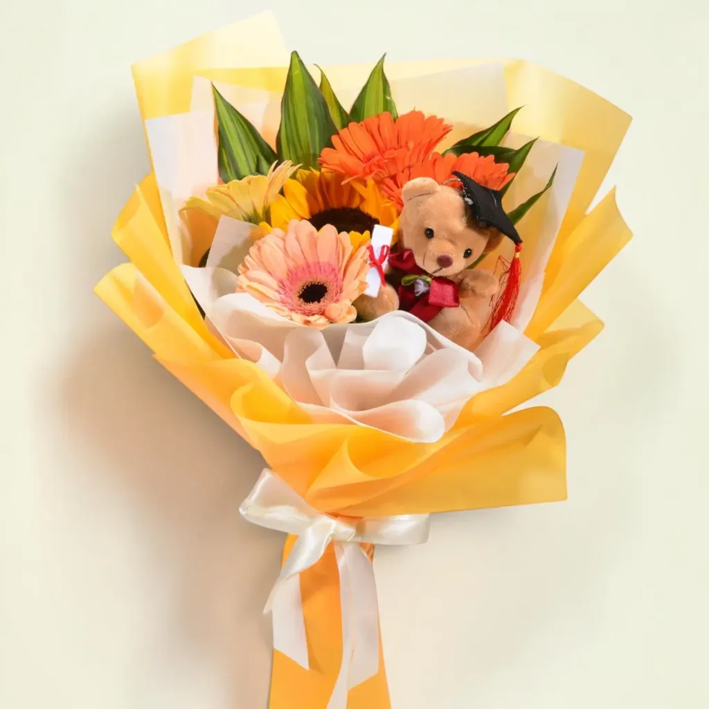 Milestone Moment sunflower, gerberas and bear hand bouquet for university graduation with delivery in Kuala Lumpur and Selangor