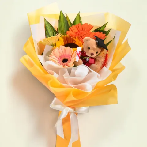 Milestone Moment sunflower, gerberas and bear hand bouquet for university graduation with delivery in Kuala Lumpur and Selangor