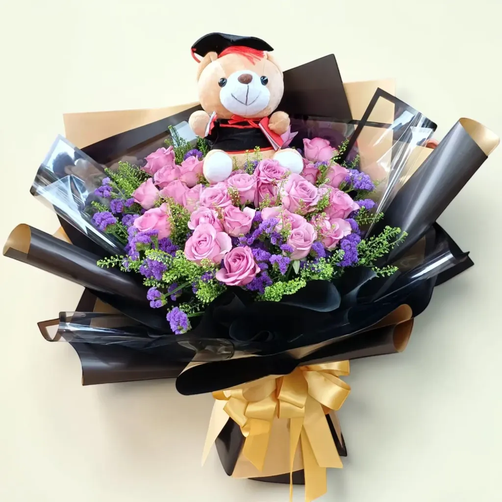 Floral Radiance rose, statice and bear hand bouquet for university graduation with delivery in Kuala Lumpur and Selangor