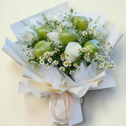 Pure Delight rose, chamomile and apple hand bouquet for birthday or anniversary with delivery in Kuala Lumpur and Selangor