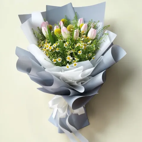 Graceful Petals craspedia tulip hand bouquet for birthday or anniversary with delivery in Kuala Lumpur and Selangor