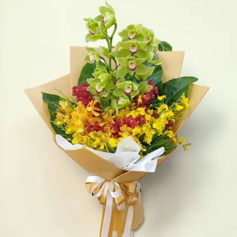 Precious Bloom cymbidium orchids and mokara orchids hand bouquet for birthday or anniversary with delivery in Kuala Lumpur and Selangor