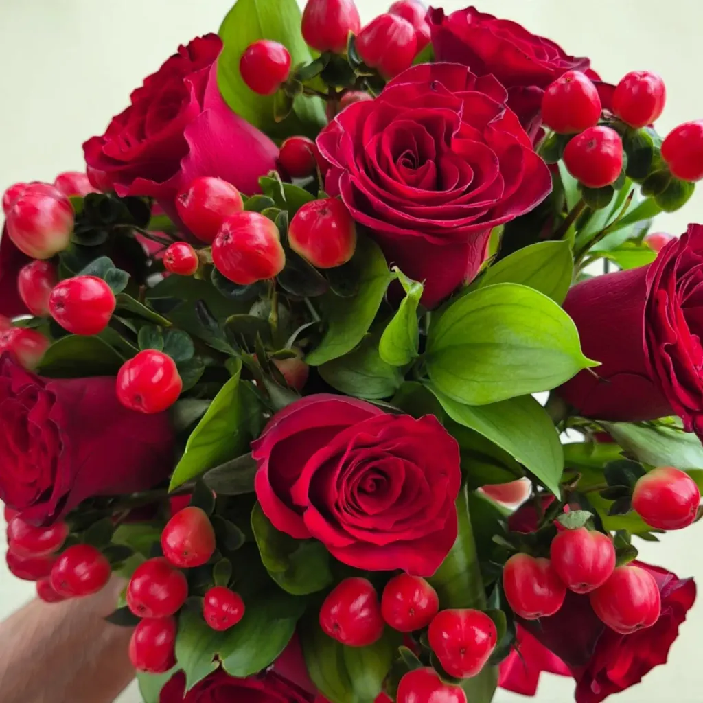 Whispering Romance rose, berries and ruscus hand bouquet for bridal and wedding with delivery in KL and Selangor