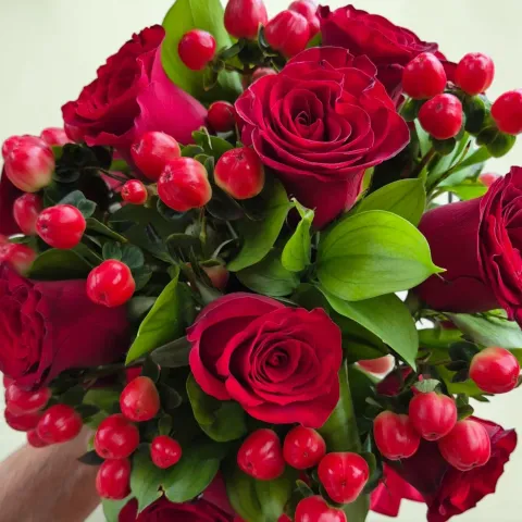 Whispering Romance rose, berries and ruscus hand bouquet for bridal and wedding with delivery in KL and Selangor