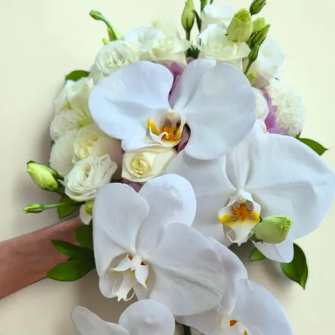 Celestial Bloom phalaenopsis orchid, rose and hydrangea hand bouquet for bridal and wedding with delivery in KL and Selangor