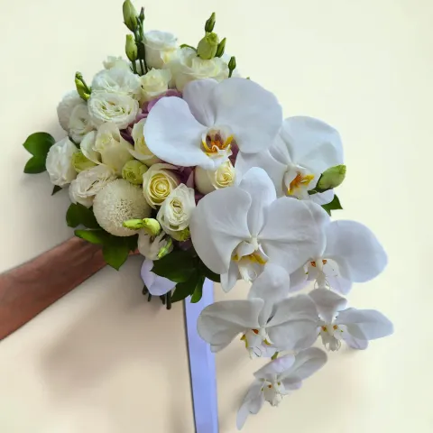 Celestial Bloom phalaenopsis orchid, rose and hydrangea hand bouquet for bridal and wedding with delivery in KL and Selangor