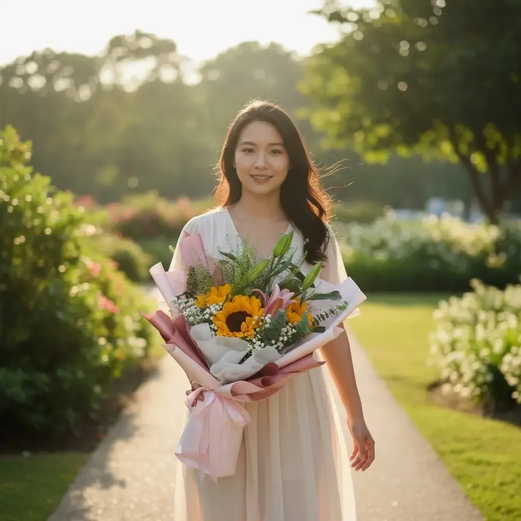 Nature's Elegance lilies, sunflower, baby's breath and thlaspi hand bouquet for birthday or anniversary with delivery in KL and Selangor