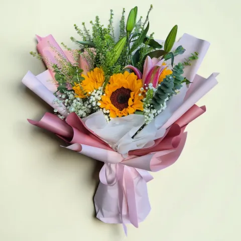 Nature's Elegance lilies, sunflower, baby's breath and thlaspi hand bouquet for birthday or anniversary with delivery in KL and Selangor