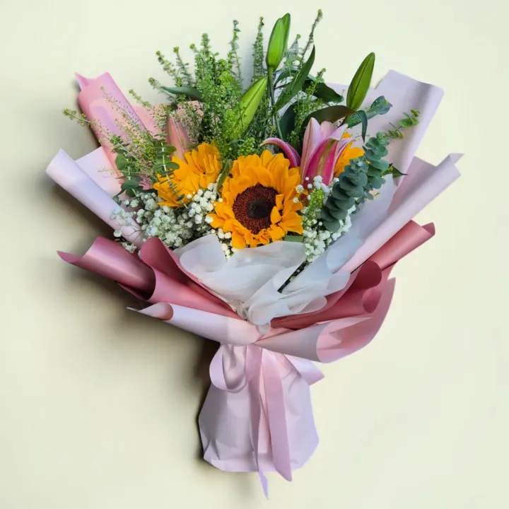 Nature's Elegance lilies, sunflower, baby's breath and thlaspi hand bouquet for birthday or anniversary with delivery in KL and Selangor