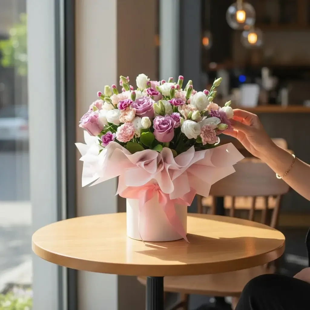 Delicate Romance roses, carnations, eustomas and spray carnations table arrangement for Mother's Day or birthday with delivery in Kuala Lumpur and Selangor