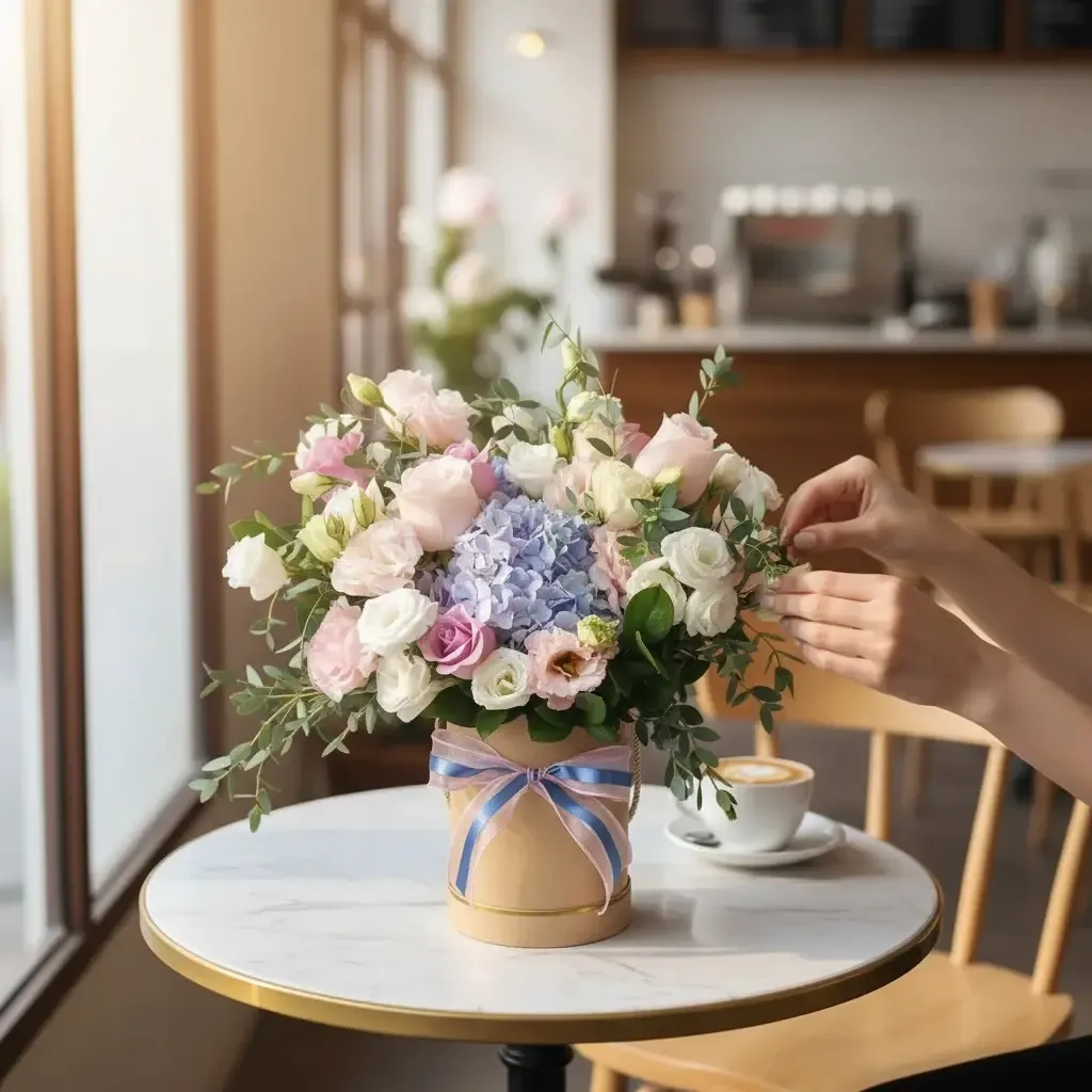 Harmony Garden hydrangea, roses and eustoma table arrangement for  Mother's Day, birthday and anniversary with delivery in Kuala Lumpur and Selangor