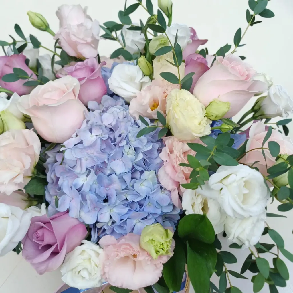 Harmony Garden hydrangea, roses and eustoma table arrangement for  Mother's Day, birthday and anniversary with delivery in Kuala Lumpur and Selangor