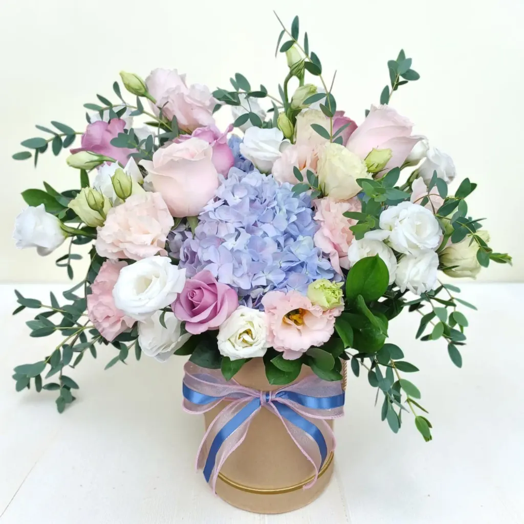 Harmony Garden hydrangea, roses and eustoma table arrangement for  Mother's Day, birthday and anniversary with delivery in Kuala Lumpur and Selangor