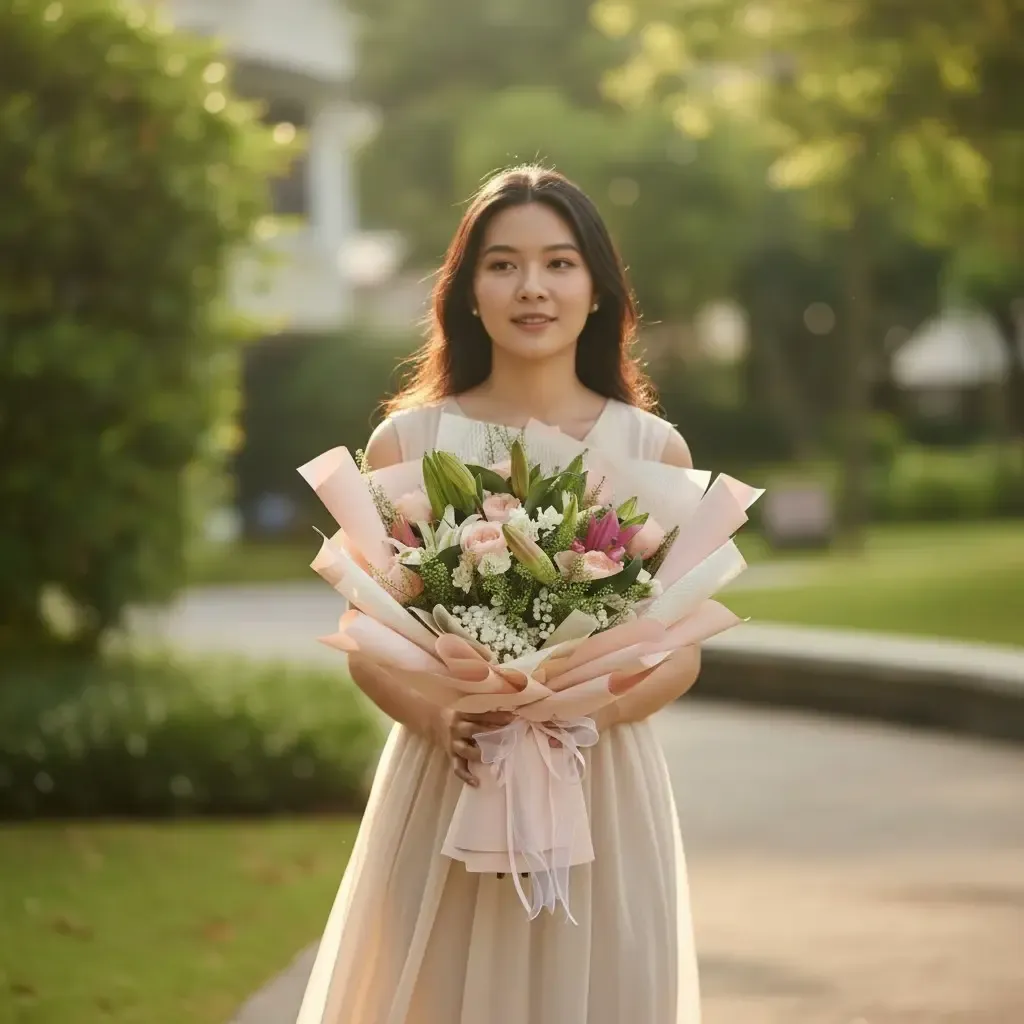 Blooming Treasure lilies, roses, spray carnations hand bouquet for Mother's Day, birthday and anniversary with delivery in Kuala Lumpur and Selangor