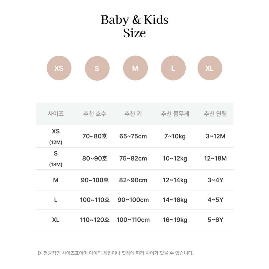 Baby & Kids 사이즈표(XS~XL)