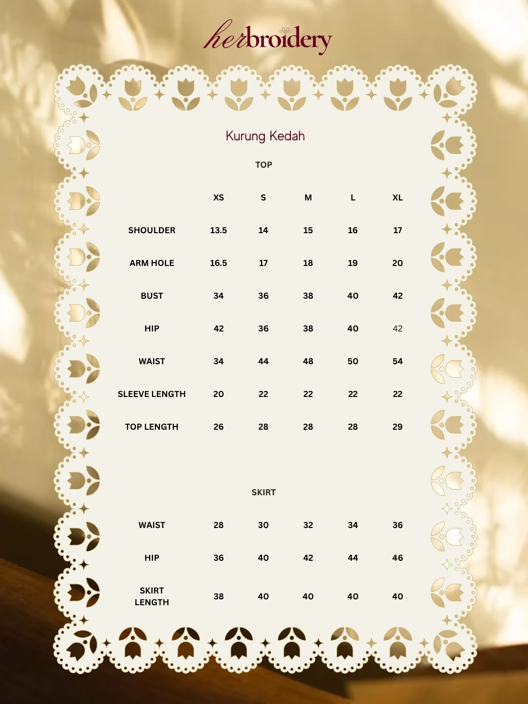 SIZE CHART KURUNG KEDAH