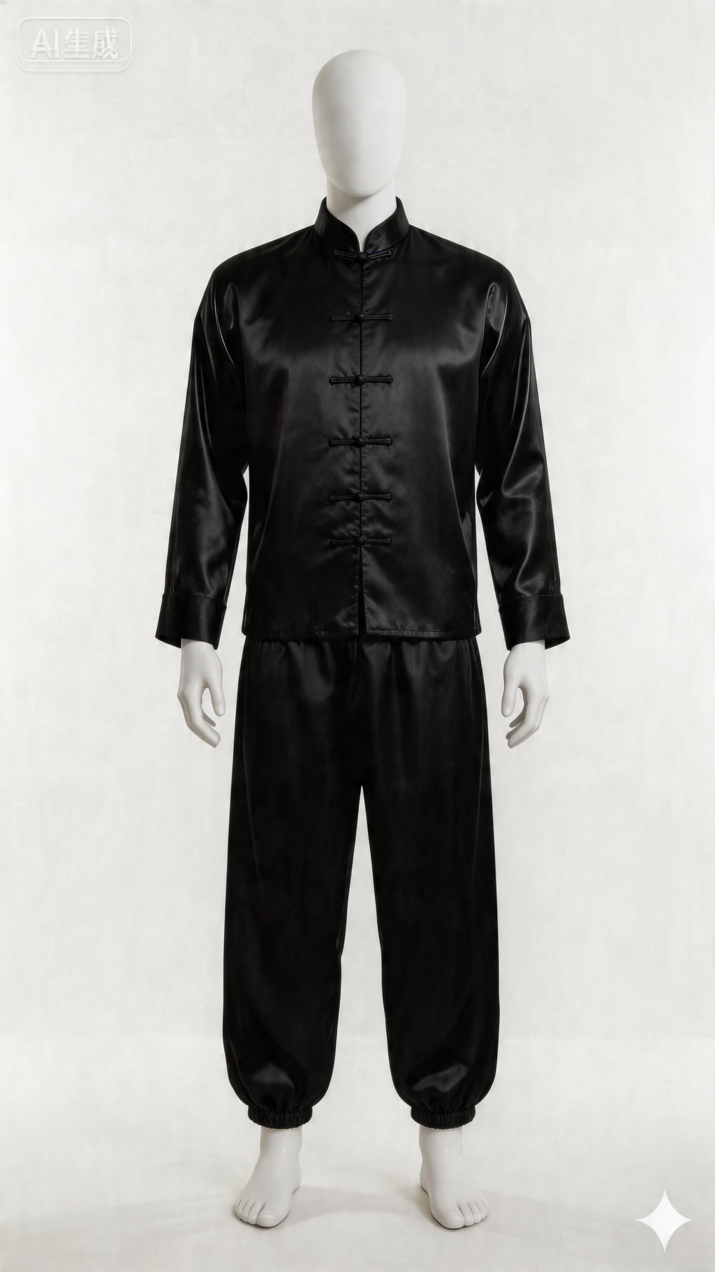 jimeng-2026-04-19-9861-将裤子套在人偶，半身唐装长袖（不要改颜色）（衣服的颜色要和裤子一样）图片1