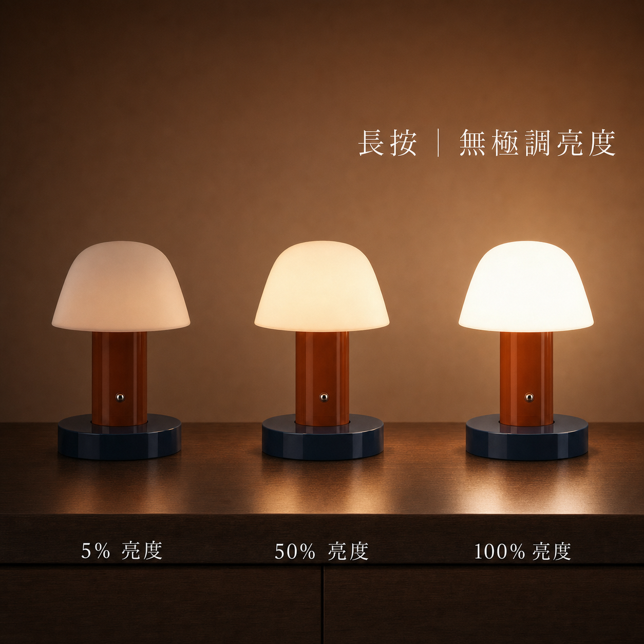 蘑菇台燈在不同亮度下的光線強弱對照