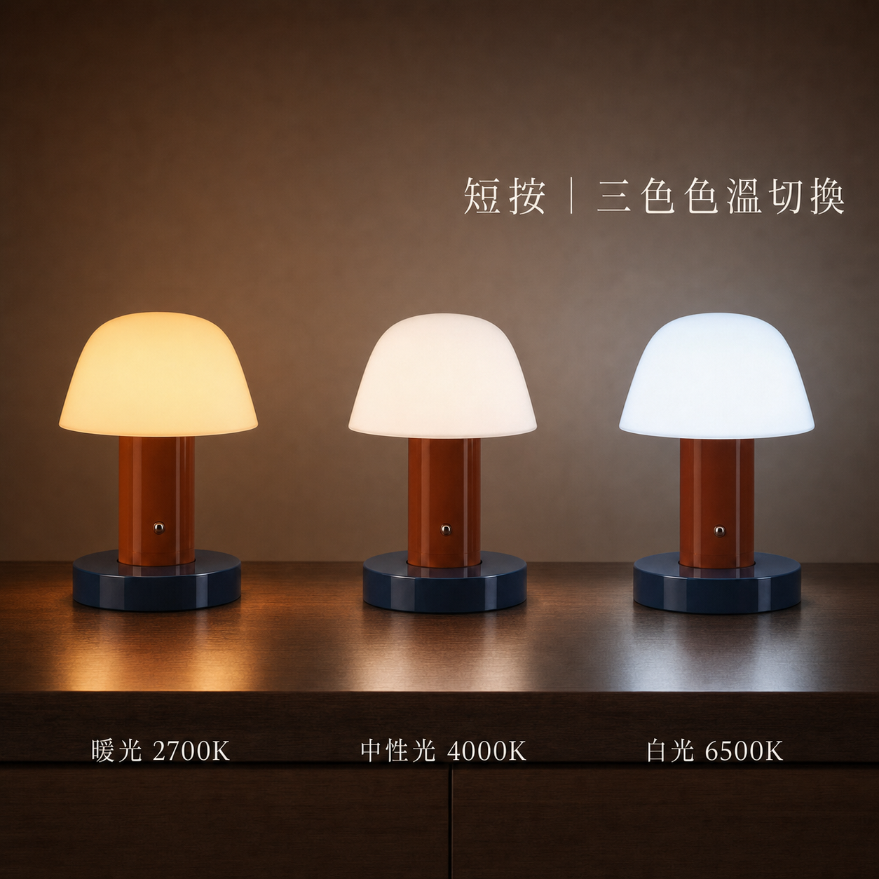 同一個角落在暖光、中性光與白光下的三種光線效果對照