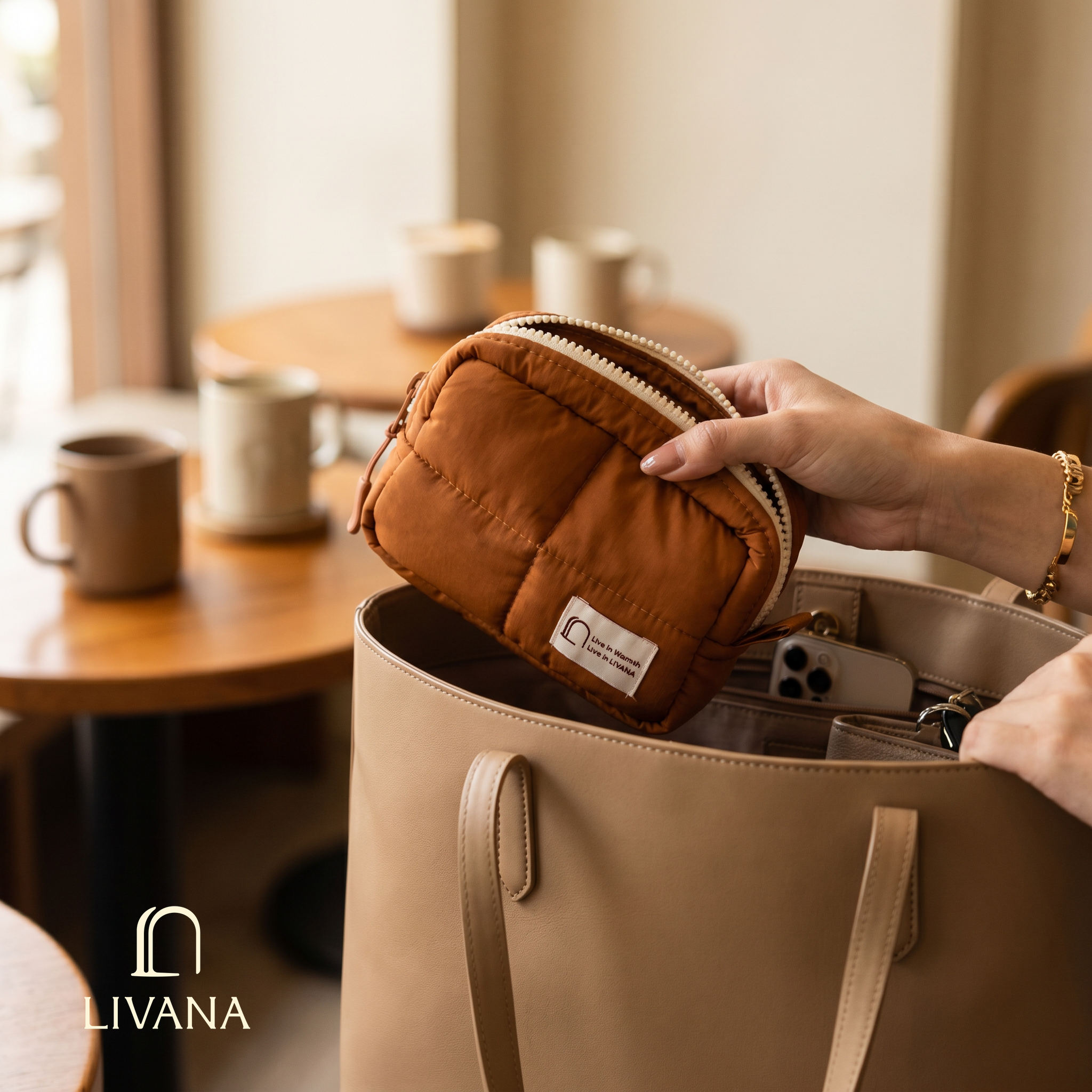 燕麥棕鋪棉收納包，圓潤軟包造型，正面有 LIVANA 品牌布標