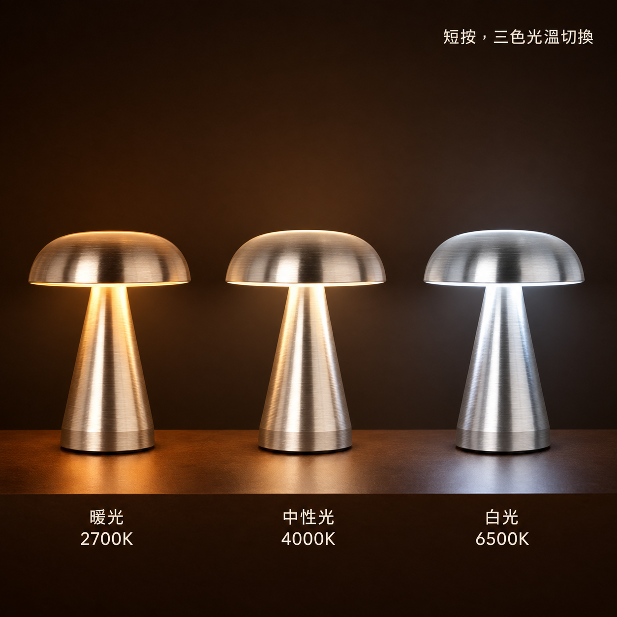 同一顆小台燈分別呈現暖光、中性光與白光三種色溫的對照