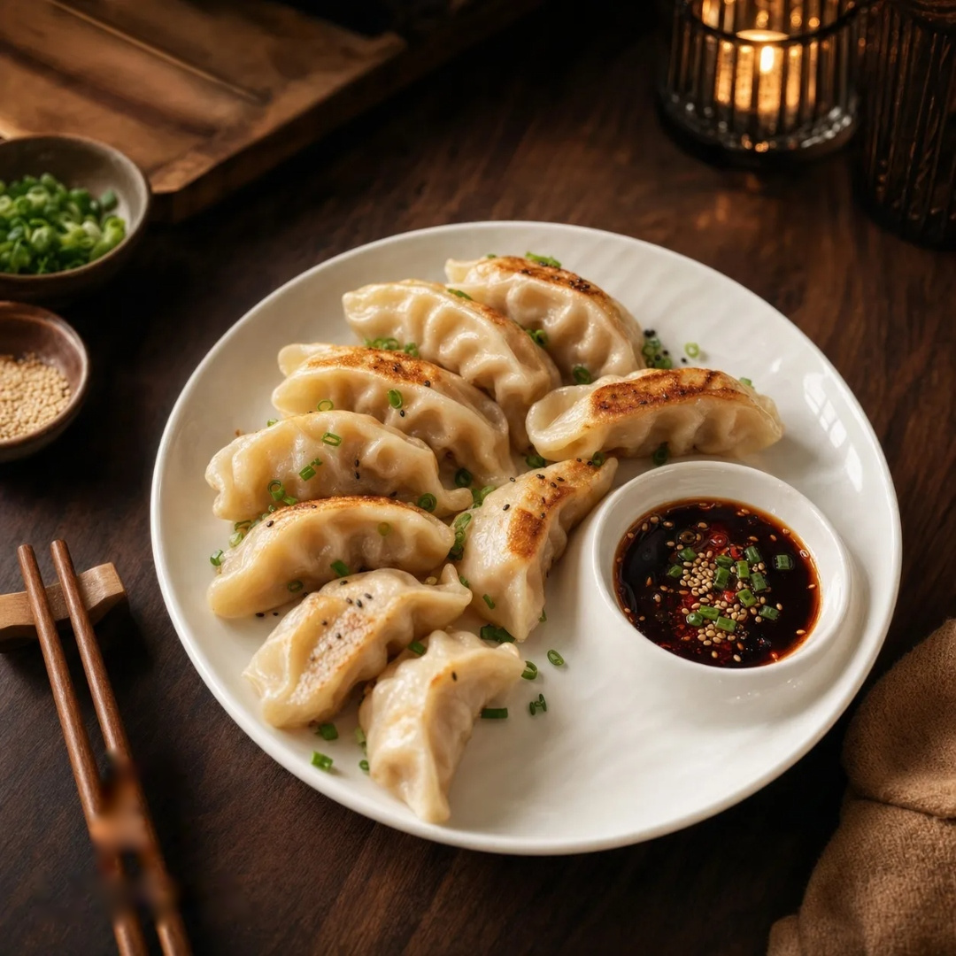 白瓷一盤雙碟餃子盤盛裝家常餃子與醬料