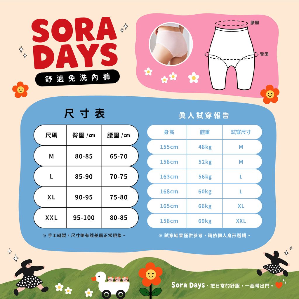 日本Sora Days｜舒適免洗內褲_尺寸表+試穿報告