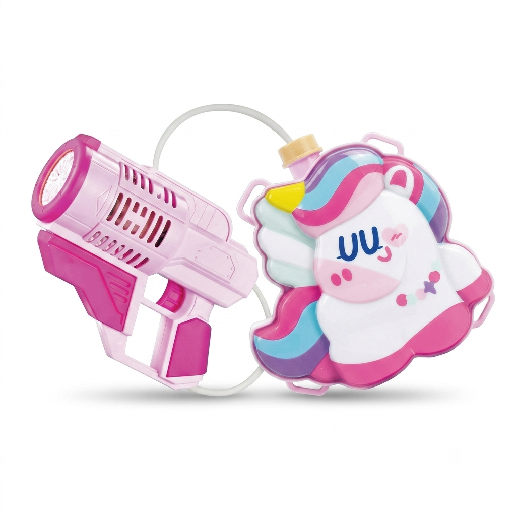 unicorn-backpack-bubble-machine-pink.jpg，粉色獨角獸造型背包式兒童自動泡泡機，大容量防漏水設計