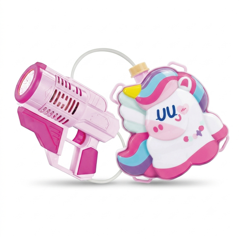 unicorn-backpack-bubble-machine-pink.jpg，粉色獨角獸造型背包式兒童自動泡泡機，大容量防漏水設計