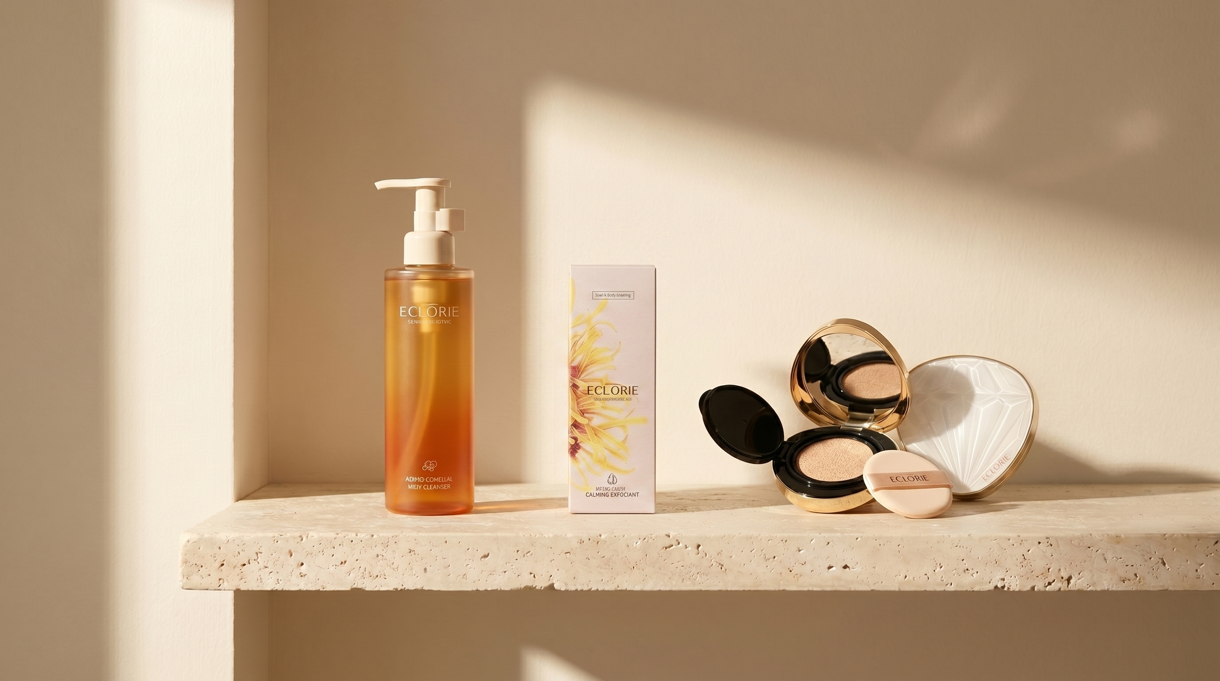 Eclorie cleanser, exfoliant and cushion foundation arranged on a bone-coloured shelf