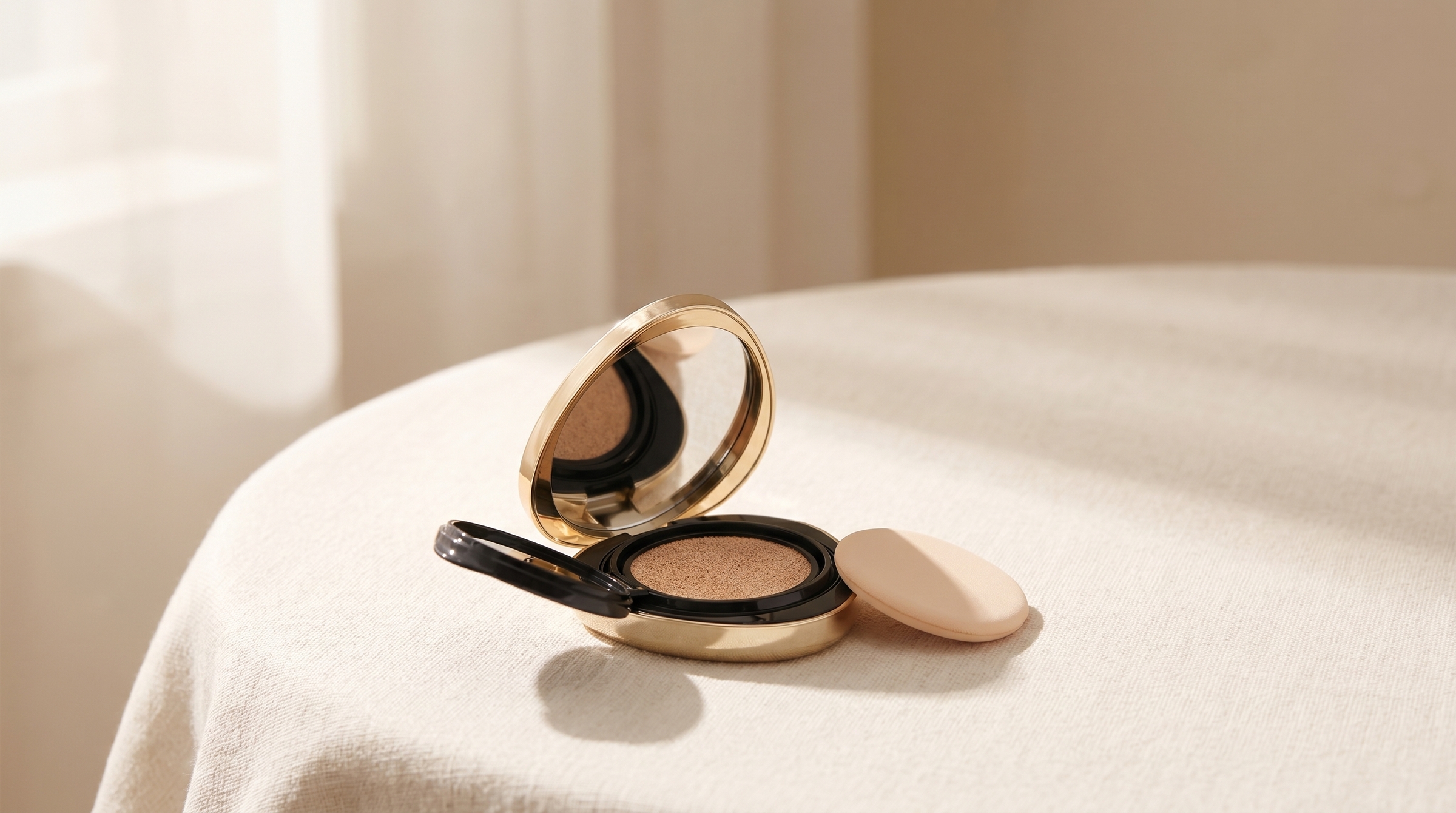 Eclorie cushion foundation compact open on a sand-toned linen surface in soft natural light