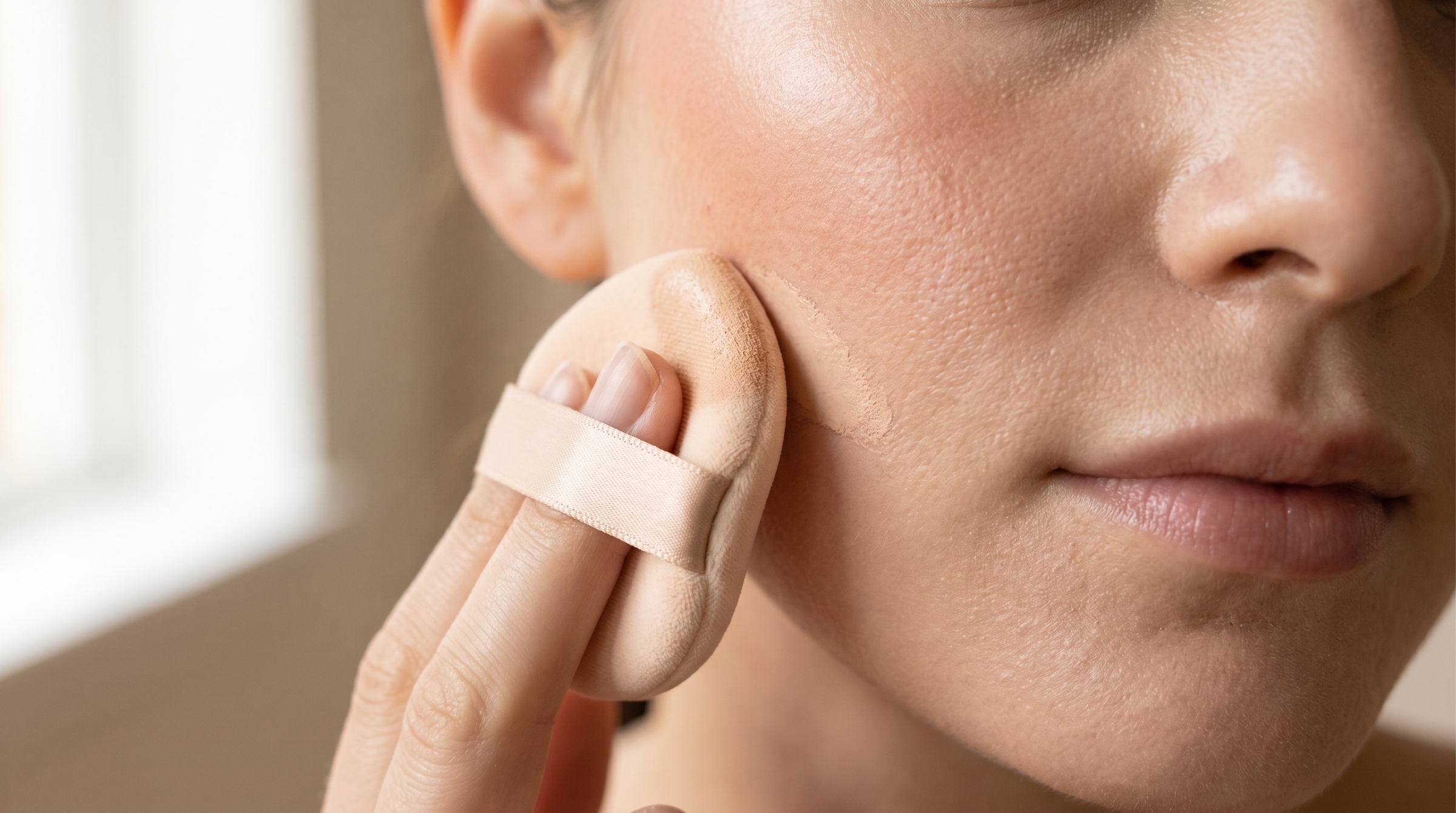 Applicator puff patting cushion foundation onto cheek