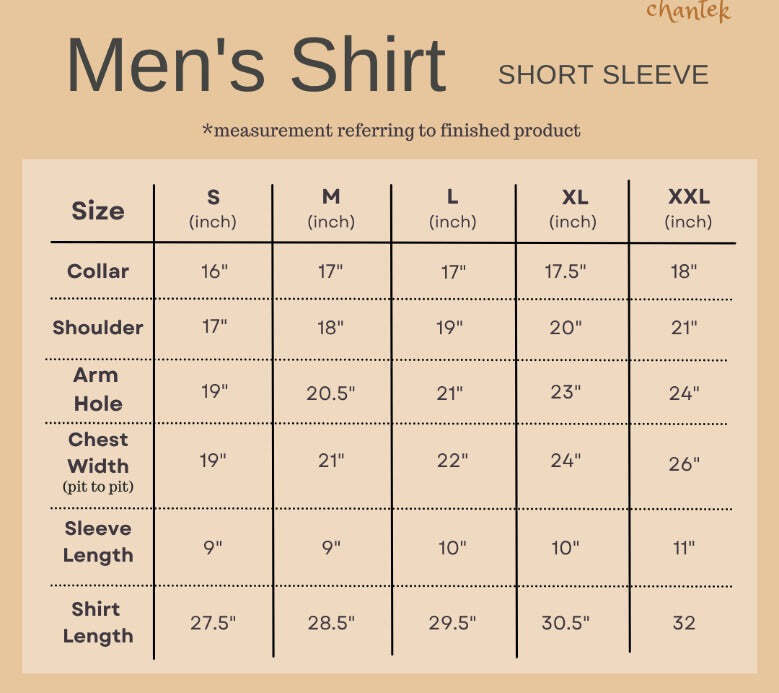 men shirt short sleeve size chart