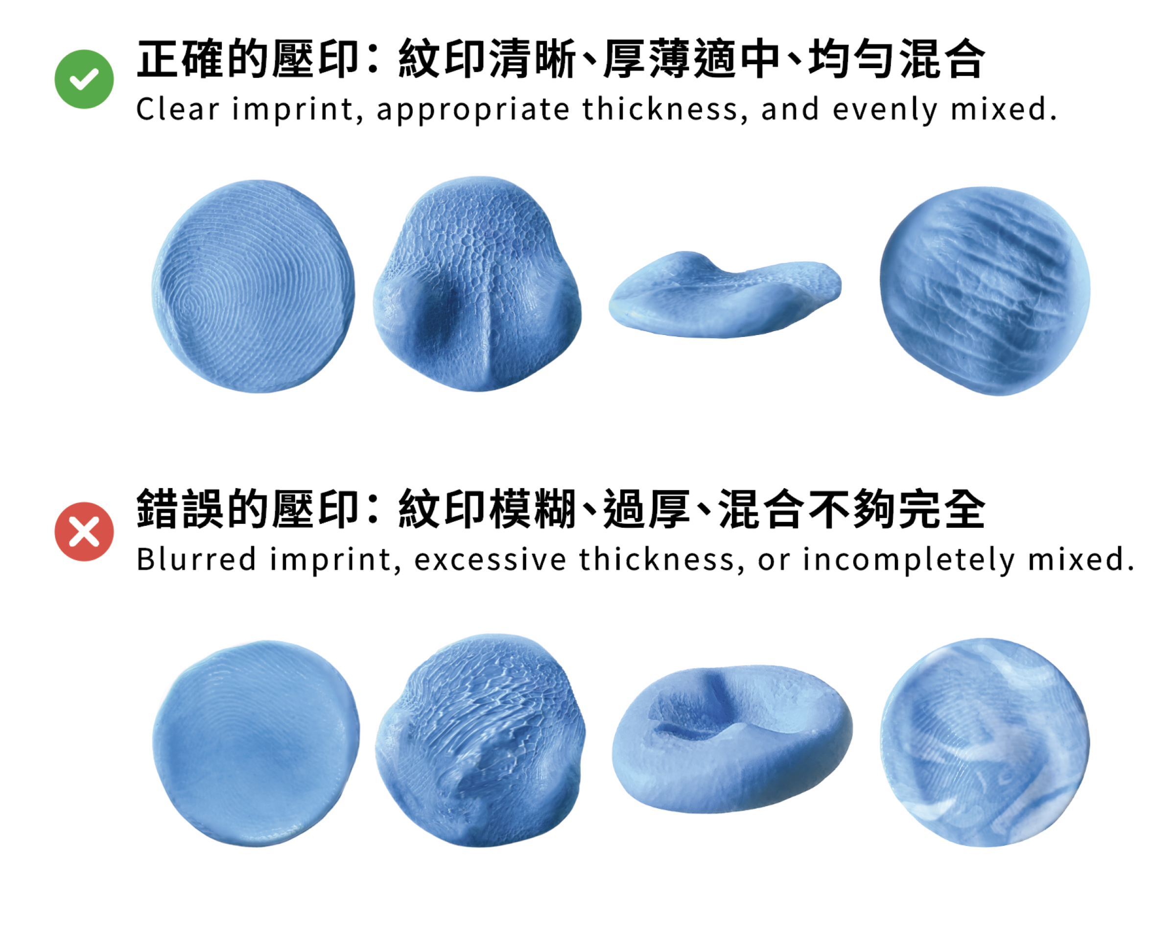 紋印採集好的與不好的壓印成果對照範例