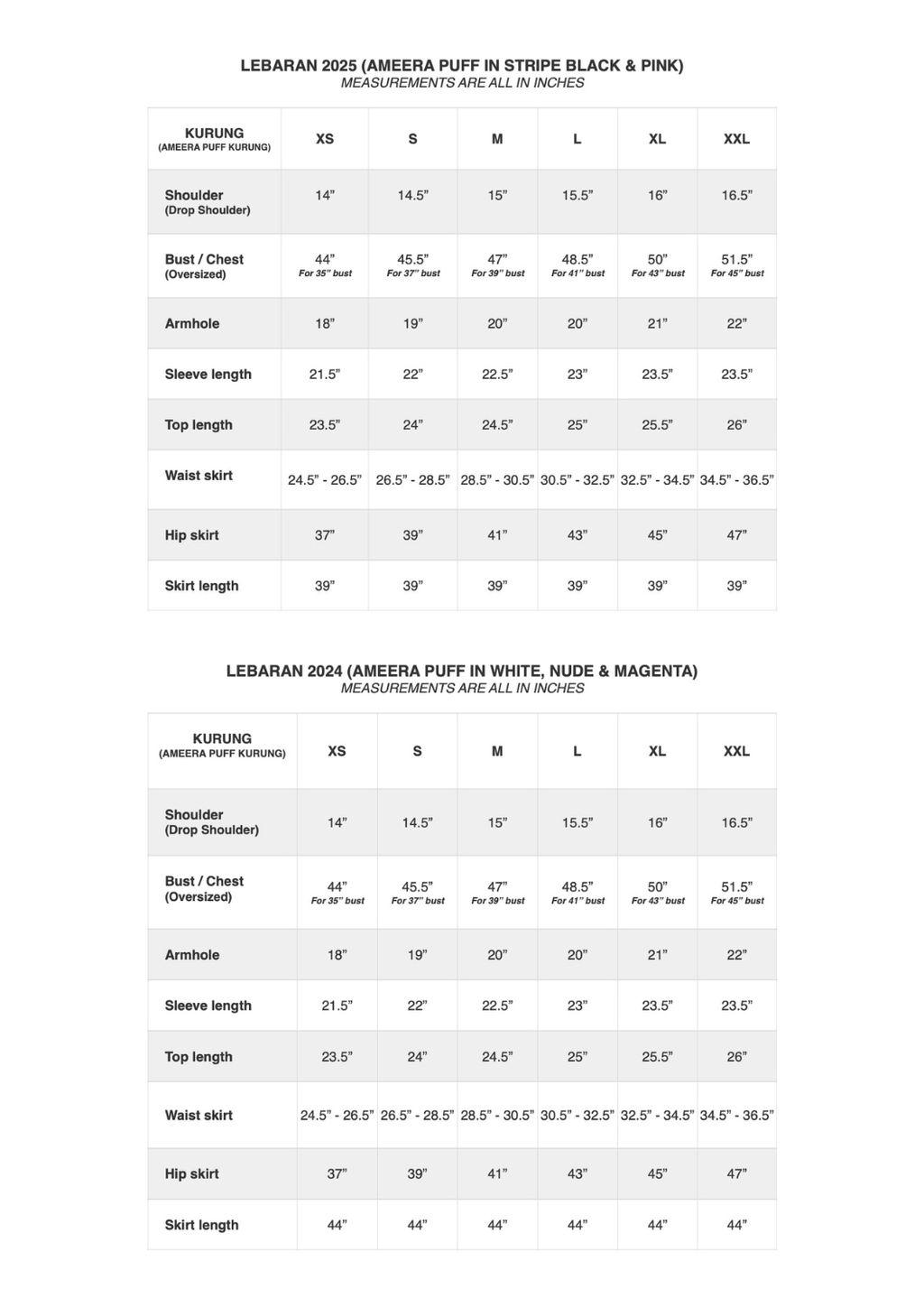 Ameera Kurung Puff Size Chart