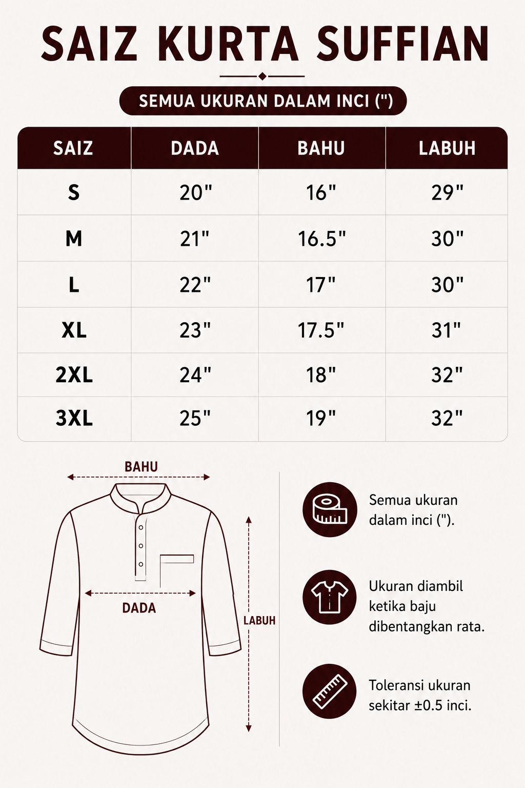 ukuran kurta suffian