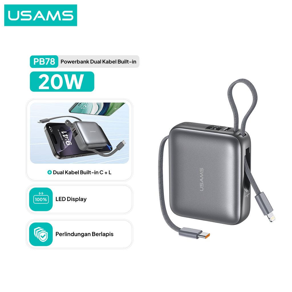 {CCC Certified} USAMS Powerbank PB78 Mini Fast Charging 10000mAh 20W With Kabel Type C Light