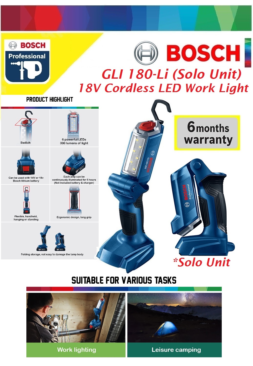 Bosch GLI 180-Li Cordless LED Work Light Torch (Solo) – MY Power Tools