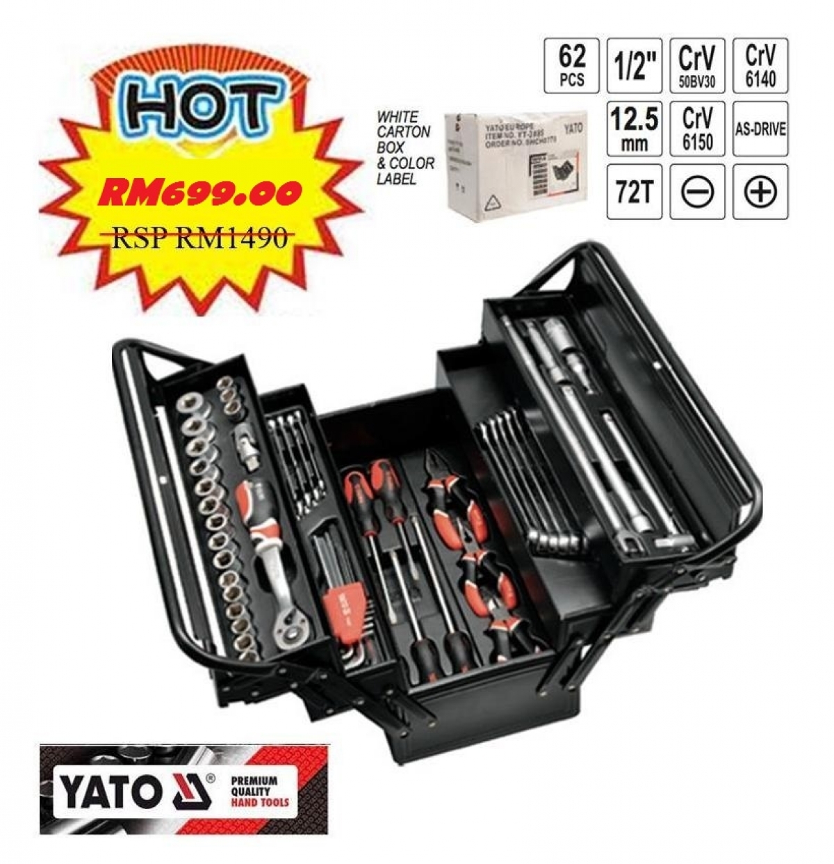 Yato Professional Cantilever Tool Box with 62pcs Tools Kit Set MY